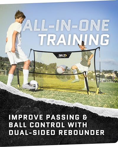 SKLZ Quickster Soccer Trainer - Dual-Sided Rebounder for Solo Passing, Receiving, Trapping Practice - Large & Small Rebound Net - Weather Resistant - Adjustable Frame, Metal Stakes & Carry Bag