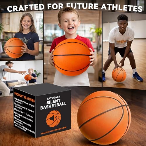 Silent Basketball Size 7(29.5"),Foam Indoor Basketball No Air Needed, Pro PU Foam ball with Grooved Grip,Solid Ball in Gift Box,High Rebound,Higher Quiet Basketball for Home Dribbling Practice
