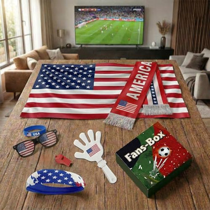 Soccer Fan Gear Set 2026-7 Piece Game Day Kit with Flag, Scarf, Glasses, Whistle, Clapper, Wristband & Headband in Gift Box - Watch Party & Stadium Essentials for USA - color: USA