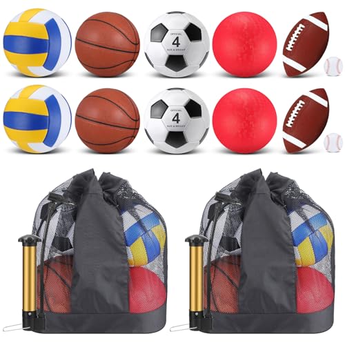 Deekin 12 Pcs Assorted Sport Ball Set for Kids Official Size Basketball Football Volleyball Soccer Baseball Playground Ball with Bag and Pump for Kid Youth Gift - color: Simple