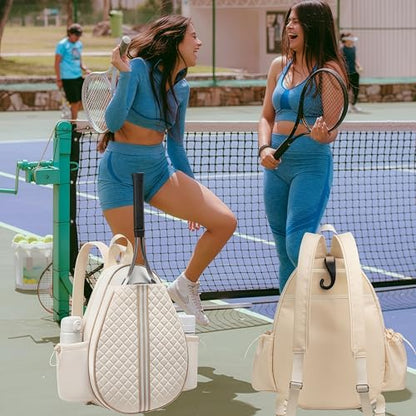 Tennis bag for women - Quilted Sling Grid Design Water repellent Two Side Pockets Dry wet separation independent pocket Friend couple gift - color: beige