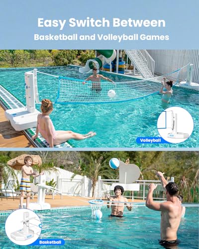 IGL Pool Volleyball Net & Pool Basketball Hoop 2 in 1, Height Adjustable Volleyball Net for Pool, Poolside Basketball Hoop with Fillable Base & Stand, Includes 4 Balls & Pump - size: 2 In 1 Set
