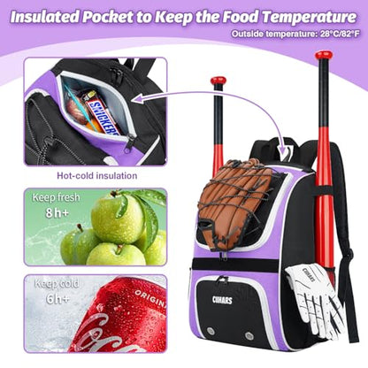 Youth Baseball Bag - Baseball Backpack Bat & Glove Holder, T-Ball & Softball Equipment & Gear,Large Main Compartment for Helmet & accessories, Fence Hook，Insulation Pocket - color: purple
