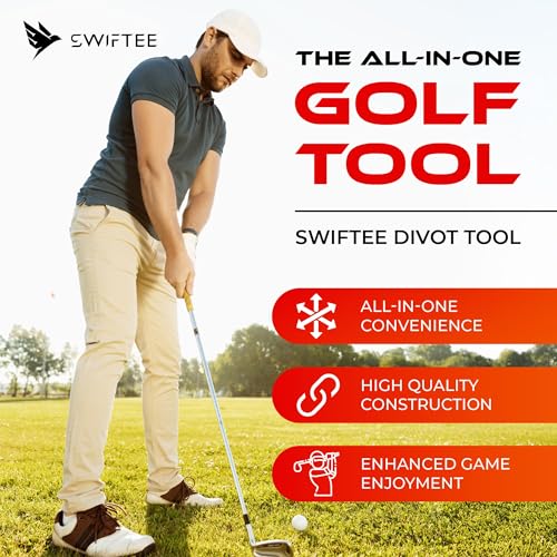 SWIFTEE Golf Divot Pitch Mark Repair Tool 7-in-1 - Club Holder, Brush, Clip Buckle, Groove Cleaner, Bottle Opener, Ball Marker, Divot Tool - Gift Box Included - color: Matte Black