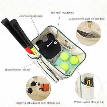 2-in-1 Tennis Tote Bag & Tennis Racket Backpack – Extra-Large Quilted Pickleball Racquet Bags, Water-Resistant & Lightweight for Men & Women - color: White