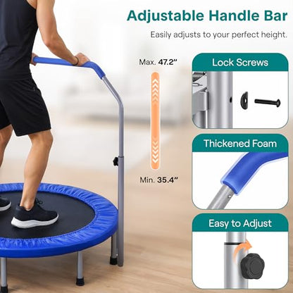 SereneLife 40" Foldable Mini Trampoline for Adults - Compact Fitness Rebounder with Adjustable Foam Handle, Exercise Trampoline with Max Load 330lbs, Indoor/Garden Whole-Body Workout - color: Deep Blue