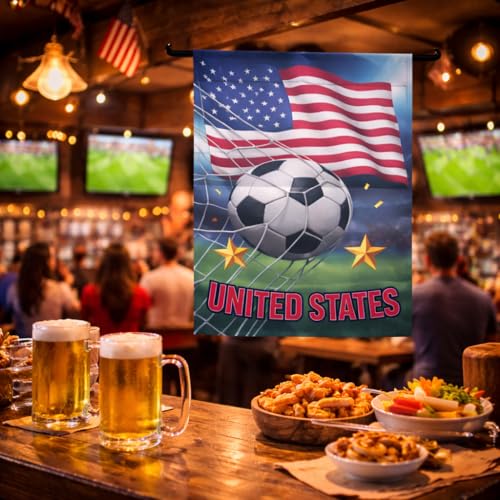 Soccer Watch Party Yard Decor Double-Sided Oxford Garden Flag 12.01 x 17.52 Inch, USA United States Flag Soccer Ball Outdoor Banner for Porch Patio Lawn
