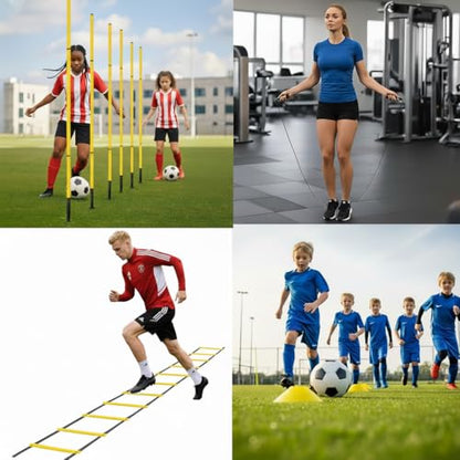 Soccer Agility Training Equipment, 6 Adjustable Soccer Training Agility Poles, 1 Speed Agility Ladder,10 Soccer Agility Cones for Training, 1 Jump Rope + Storage Bag for Youth Soccer Drills - color: yellow
