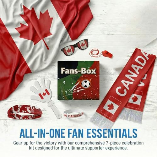 Soccer Fan Gear Set 2026-7 Piece Game Day Kit with Flag, Scarf, Glasses, Whistle, Clapper, Wristband & Headband in Gift Box - Watch Party & Stadium Essentials for Canada - color: Canada