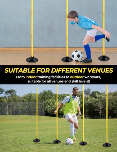 SEAOTTER Soccer Agility Poles Set, 4/6/10 Pcs 6ft Detachable Sports Trainning Speed Poles Slalom Poles with Rubber Base, Agility Training Equipment for Football, Rugby, Basketball, Indoor & Outdoor