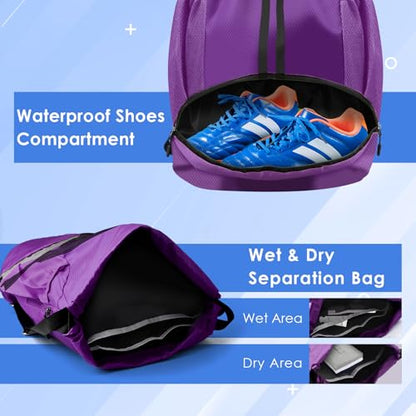 BROTOU Soccer Bags, Football Backpack, Volleyball Bag, Drawstring Backpack with Ball and Shoe Compartment, Football bags for Equipment Swim Gym Bag - color: Dark Purple