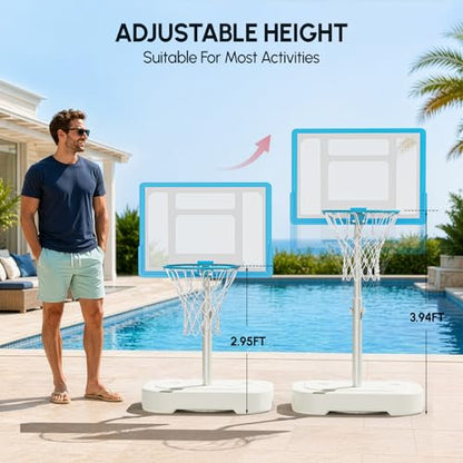 PEXMOR 2.95FT - 3.94FT Adjustable Height Basketball Hoop for Poolside, Shatterproof PC Backboard & Impact Resistant Filling Base, Upgraded Knobs Adjust Height Easily, for Pool Outdoor Teens Adults