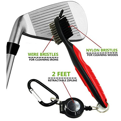 Yoport® Golf Club Brush and Club Groove Cleaner 2 Ft Retractable Zip-line Aluminum Carabiner, Lightweight and Stylish, Ergonomic Design, Easily Attaches to Golf Bag - color: Red+black
