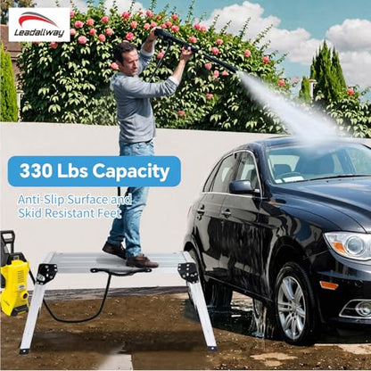 LEADALLWAY Aluminum Work Platform Step Ladder with Handle Heavy Duty Foldable Step Stool 330 Lbs Capacity Silver