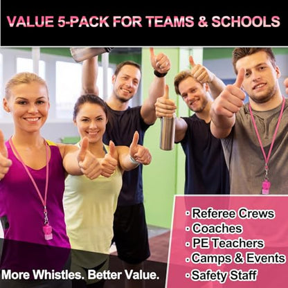 Junkin 5 Pack Pealess Referee Whistles with Lanyards, Loud Crisp Sound, Cushioned Mouthpiece for Coaches, Referees, Teachers, Lifeguards, Sports, Safety & Emergency Use
