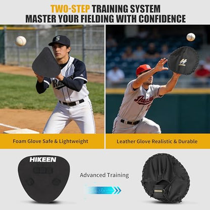 Hikeen 2-Piece Pancake Baseball & Softball Training Glove,Flat Premium Leather and Foam Fielding Gear Set, Infield Training Gloves for Two Hands Practice