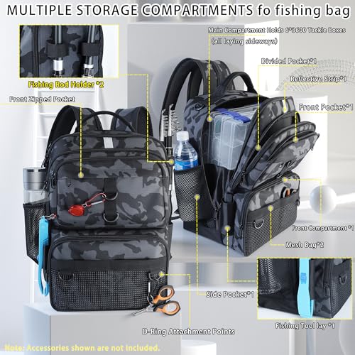 Fishing Backpack with Tackle Boxes and Rod Holder, 24L Fishing Sling Bag with Fishing Lures Kit, Fishing Gear Bag Gifts for Men Women - Black Camo Backpack