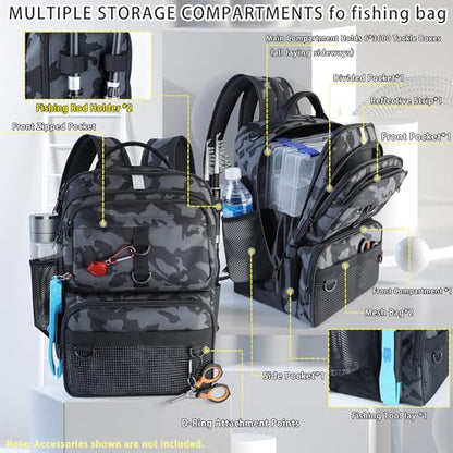 Fishing Backpack with Tackle Boxes and Rod Holder, 24L Fishing Sling Bag with Fishing Lures Kit, Fishing Gear Bag Gifts for Men Women - Black Camo Backpack