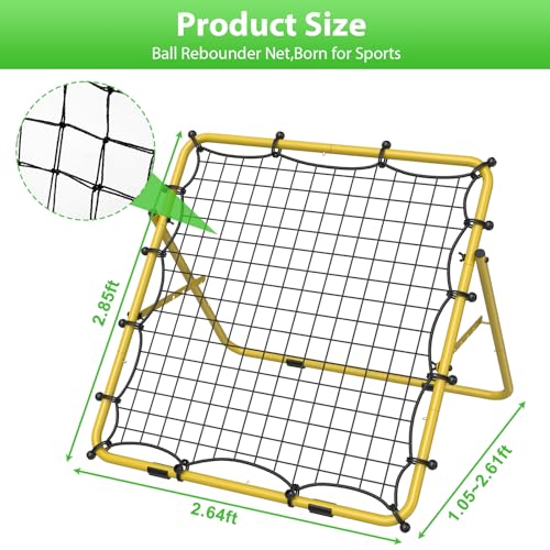 Baseball Rebounder Net, Metal Frame & High-Tension PE Net, Lacrosse Bounce Back PracticeTraining Equipment, Adjustable Softball Pitchback Net, Perfect for Improving Balls Training Skills - color: Yellow
