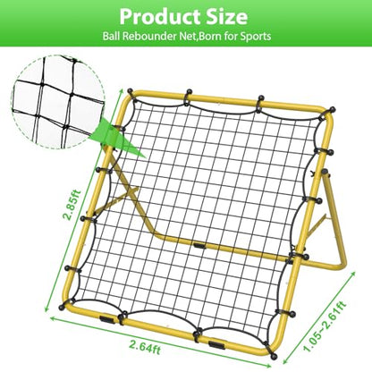 Baseball Rebounder Net, Metal Frame & High-Tension PE Net, Lacrosse Bounce Back PracticeTraining Equipment, Adjustable Softball Pitchback Net, Perfect for Improving Balls Training Skills - color: Yellow