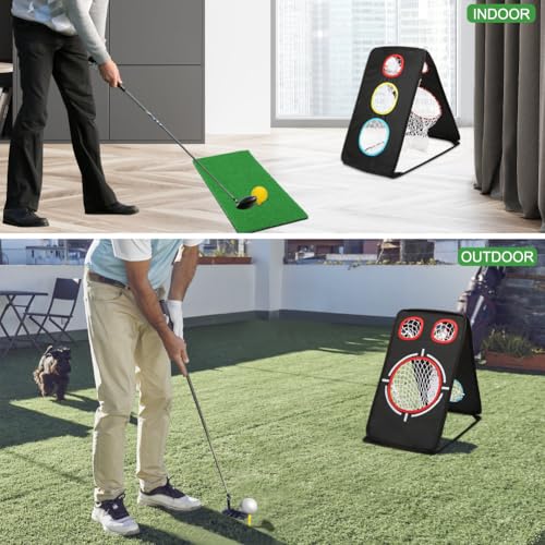 Golf Chipping Net: Ultra-Portable Dual-Sided Triple Target Training System with 400D Canvas for Indoor/Outdoor Backyard Practice – Includes Mat & Foam Balls & Golf Tees (Golfer Gift)
