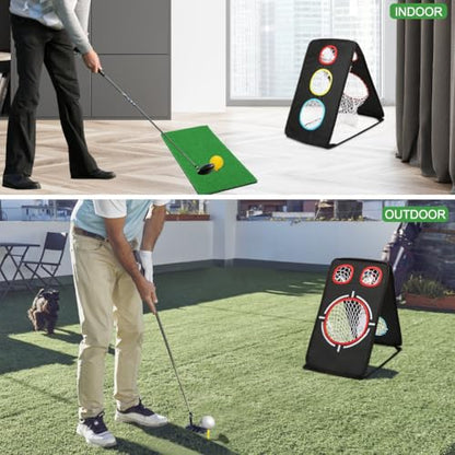 Golf Chipping Net: Ultra-Portable Dual-Sided Triple Target Training System with 400D Canvas for Indoor/Outdoor Backyard Practice – Includes Mat & Foam Balls & Golf Tees (Golfer Gift)