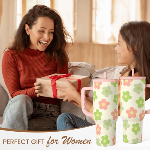 SANDJEST Daisy Tumbler with Handle 40oz, Floral Cup Stainless Steel Insulated Tumblers Coffee Travel Mug with Straw, Flower Cups Gifts for Women Girls Teens Birthday Christmas - color: Daisy