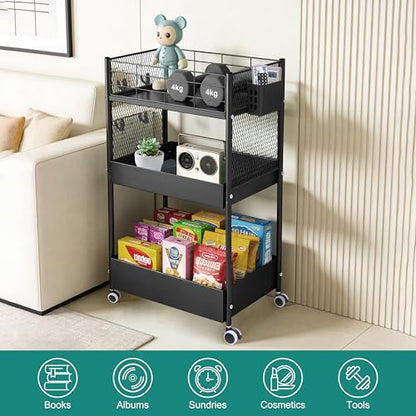 3-Tier Rolling Storage Cart Metal Utility Cart with Wheels, Office Organizer with Hanging Cups, Hooks, Book Snack Craft Mobile Shelving Unit for Office Kitchen Nursery - color: Black