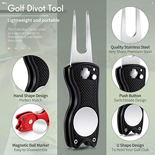 Skylety 4 Pcs Golf Divot Repair Tool Metal Foldable Golf Divot Tool with Magnetic Pop-up Button Ball Marker Stainless Steel Switchblade for Golfers Prizes - color: Red, Silver, Gray, Black