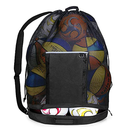 GOBUROS Extra Large Mesh Ball Bag, Basketball and Soccer Ball Bag with Drawstring System and Adjustable Shoulder Strap for Basketball, Soccer, Football, Volleyball, Rugby and Beach Sports, Black