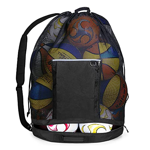 GOBUROS Extra Large Mesh Ball Bag, Basketball and Soccer Ball Bag with Drawstring System and Adjustable Shoulder Strap for Basketball, Soccer, Football, Volleyball, Rugby and Beach Sports, Black
