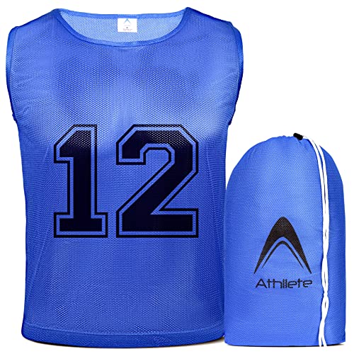 Athllete 12 pcs Duramesh Pinnies/Scrimmage Vest - Kids Youth and Adult Pinnies, Numbered Penny Jerseys for Soccer - color: Azure Blue Numbered Front/Back (1-12), size: Large