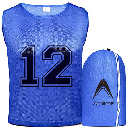Athllete 12 pcs Duramesh Pinnies/Scrimmage Vest - Kids Youth and Adult Pinnies, Numbered Penny Jerseys for Soccer - color: Azure Blue Numbered Front/Back (1-12), size: Large