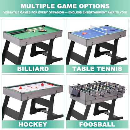 RAYKEEP Foldable Multi Game Table, 4-in-1 Combo Game Table Set with Ping Pong, Hockey, Pool Billiards and Foosball for Adults, Home, Game Room, Friends & Family - color: Light wood grain