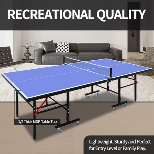 8×4FT Indoor/Outdoor Blue Table Tennis Table with Quick Clamp Ping Pong Net with Two Rackets and Three Balls，1 Net and 4 Wheels Set Behind It for Easy Movement，Foldable Single-Player Game