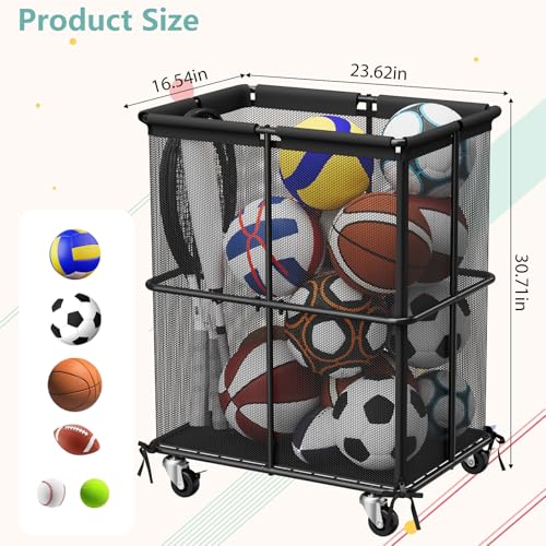 Ball Storage Bin Rolling Sports Ball Storage Cart Garage Sports Equipment Organizer Rack with Wheels Outdoor Basket Ball Cage for Garage, School, Gym, Yoga Room
