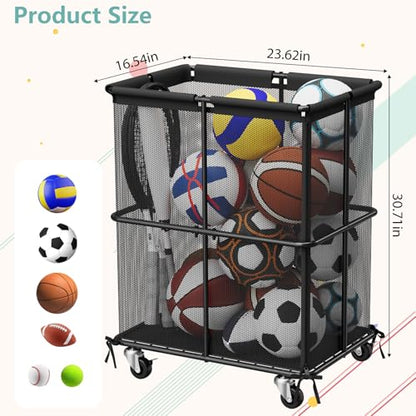 Ball Storage Bin Rolling Sports Ball Storage Cart Garage Sports Equipment Organizer Rack with Wheels Outdoor Basket Ball Cage for Garage, School, Gym, Yoga Room