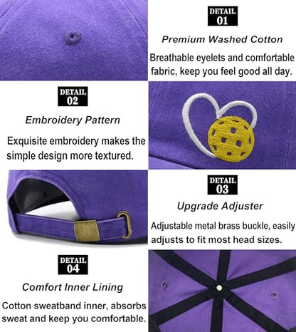 Pickleball Hat with Gift Box, Pickleball Gifts for Women Men, Adjustable Embroidered Heart Baseball Cap - color: Purple