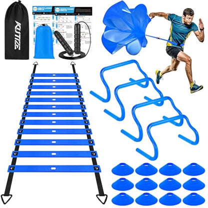 KUTIZE Agility Training Equipment, Soccer Training Equipment, Agility Speed Training Set for Kid Youth Adult, 20FT Agility Ladder, 4 Hurdles,12 Soccer Cones, Jump Rope, Running Parachute, Drill Charts