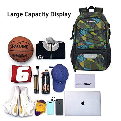 GRANDUP Basketball backpack with ball and shoes compartment Fit Volleyball, soccer, Swim, Gym, Travel, and School, large capacity sports training equipment bags - color: polygon camo