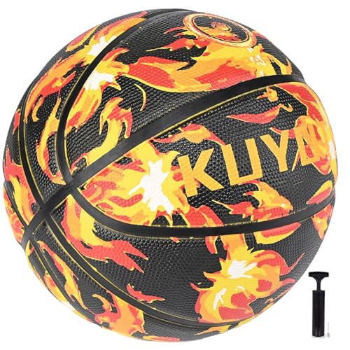 KUYOTQ Kids Youth Adult Size 3/4/5/6/7 (22/25.5/27.5/28.5/29.5") Basketball Premium Rubber or Faux Leather Basketball Indoor Outdoor Basketball for Boys Girls Womens Mens Basketball Gifts (Deflated) - color: Black Flame Rubber, size: Size 5 Kids & Youth -
