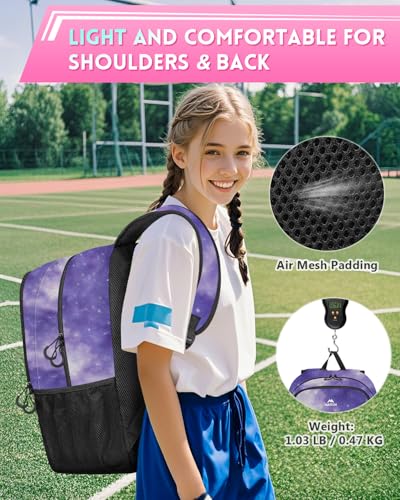 MATEIN Girls Soccer Backpack, Large Basketball Bag with Ball Holder & Shoe Compartment for Tournament & Game Day, Lightweight Youth Sports Bag with Fence Hook Fits 15.6 Inch Laptop, Soccer Team Gifts - color: Galaxy Purple