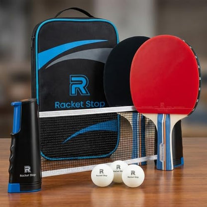 Velocity Table Tennis Paddle Set – 2 Ping Pong Rackets with ITTF-Approved Rubber, Retractable Net System, 3-Star Balls & Carry Case for Indoor & Outdoor Games and Travel Play