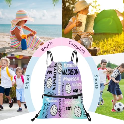 Custom Volleyball Style Drawstring Bag, Personalized Sports Ball Backpack Drawstring Sack Cinch Bags for Team Gift Party Favors, Rainbow Glitter Theme - color: Colourful