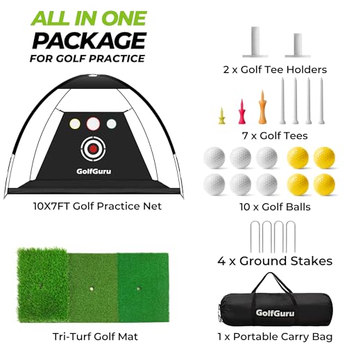 Golfguru All in 1 Golf Practice Net - 10x7ft Tri-Turf Mat, Impact Target, 10 Balls, 7 Tees, Carry Bag for Backyard Driving Chipping Indoor