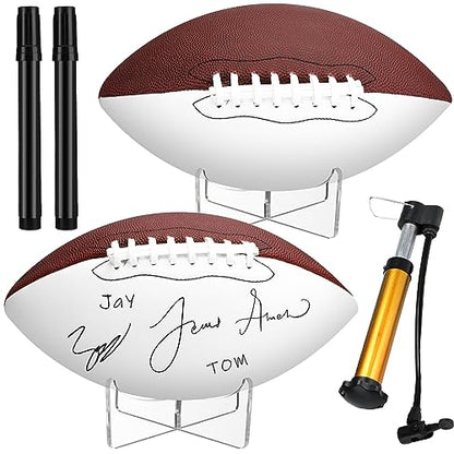 Liliful 2 Pcs Autograph Football Basketball Blank Official Size with 2 Stand 2 Signature Pen 1 Pump for Fantasy Trophy Anniversary Birthday Graduation - size: Size 9, style: 2 Sides White Football