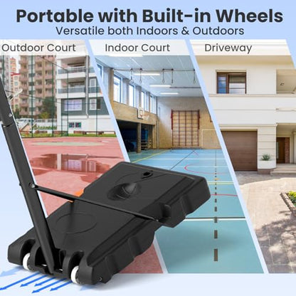 GYMAX Basketball Hoop, 7.4-10 FT Single Hand Rotation Adjustable Basketball Goal with 44” PC Backboard, Fillable Base & Weight Bag, Portable Basketball Hoop for Kids Youth Adults, Backyard Court
