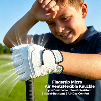 Braventure Kids Cabretta Leather Golf Glove – Breathable Washable Junior & Youth Glove for Boys Girls Age 5-13, Starter Set with 6 Tees, Divot Tool & Gift Box