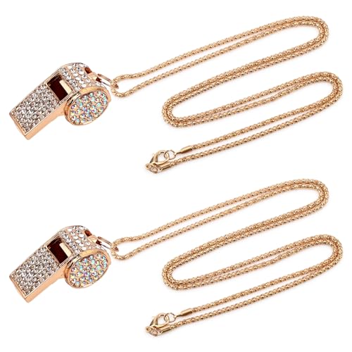 Tinoaly 2pcs Bling Whistle Crystal Rhinestone Necklace, Metal Golden Bling Loud Crisp Sound Whistle with Chain Lanyard for Referee Coach Teacher Sports Training