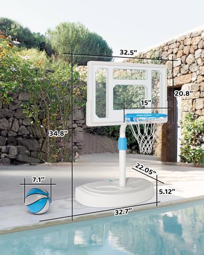 Pool Basketball Hoop, Adjustable Swimming Pool Basketball Goal, Stainless Steel Poolside Hoop with 32" Shatterproof Backboard, Portable Poolside Basketball, 2 Balls & Pump Included